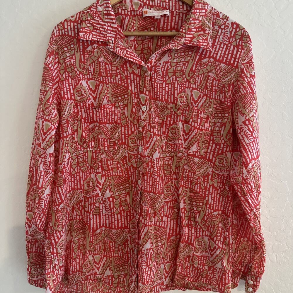 Jude Connally Button‎ Up Shirt Women’s Large Callie Top Button Front Cotton Red